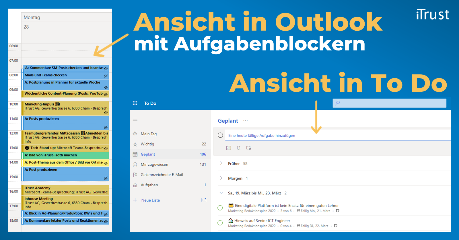 Kalender-Ansicht mit Aufgabenblocker in Outlook und in Microsoft o Do 