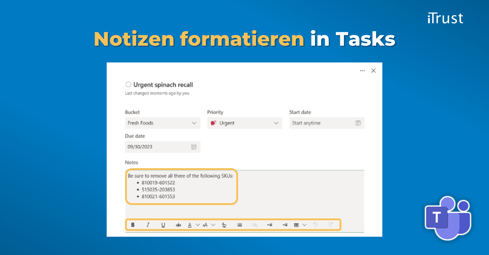 Microsoft Teams Update Notizen formatieren in Tasks