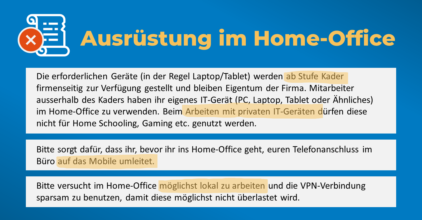 Home-Office-Reglement: Screenshot von verschiedenen Reglementen zum Thema Ausrüstung im Home-Office