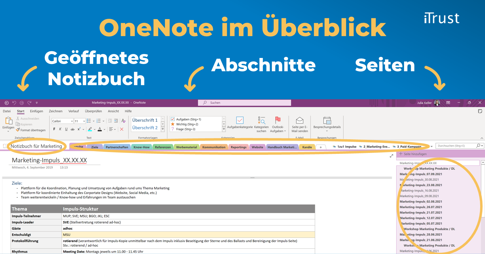 Was ist OneNote? Screenshot mit Erklärung Notizbücher, Abschnitte, Seiten