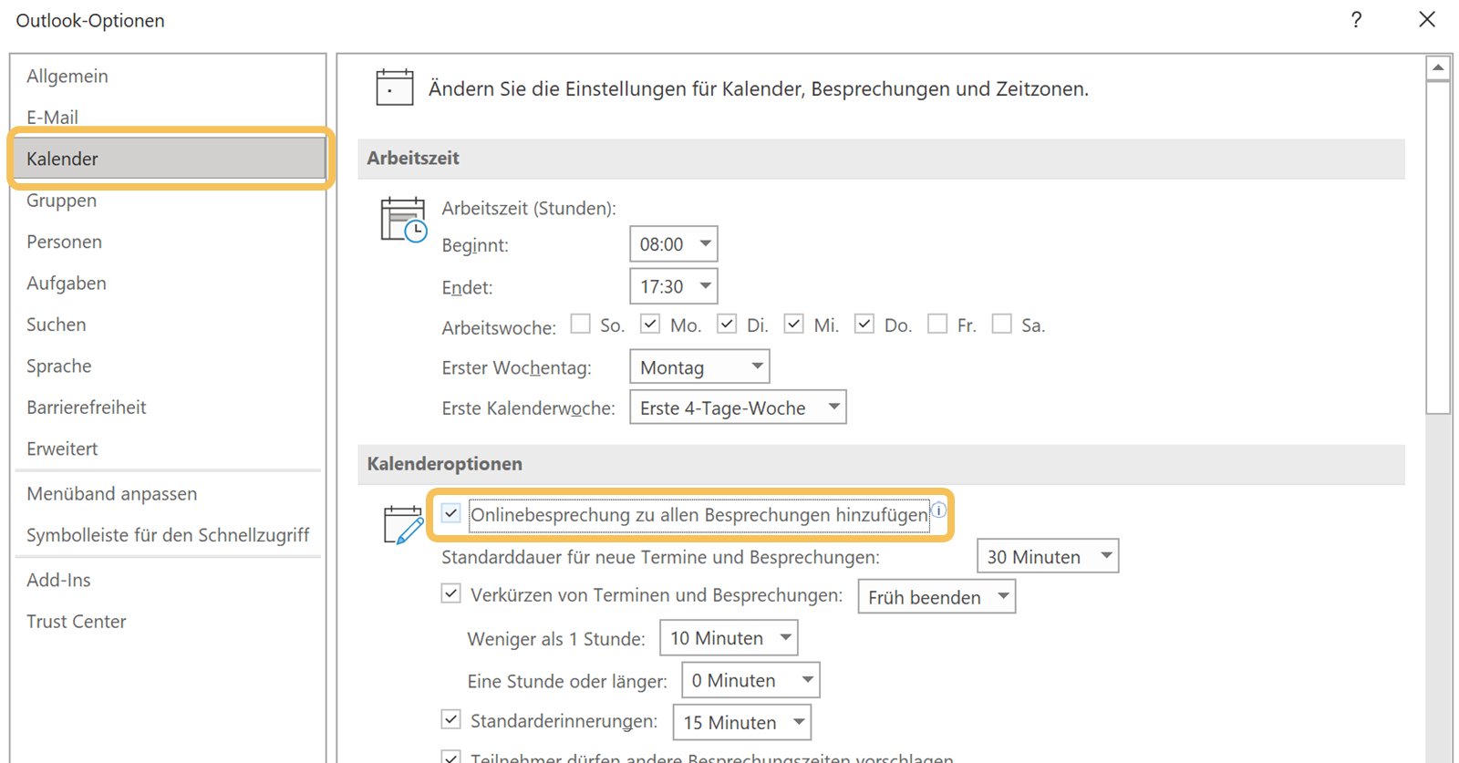 Outlook-Tipps - Screenshot von Einstellungen für automatische Online-Besprechung