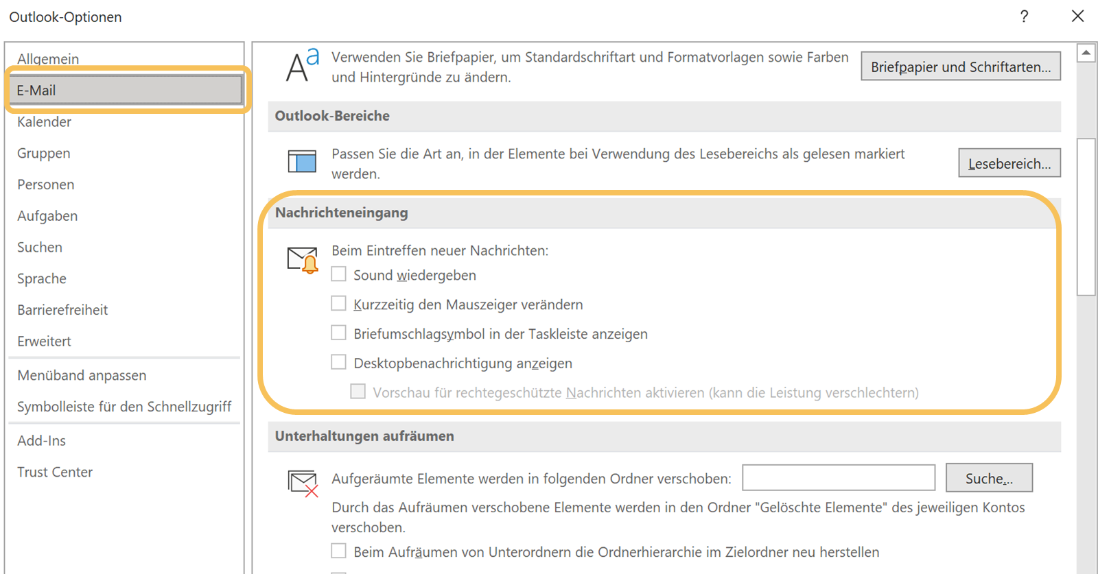 Outlook-Tipps - Screenshot von Einstellungen für Deaktivierung von Benachrichtigungen