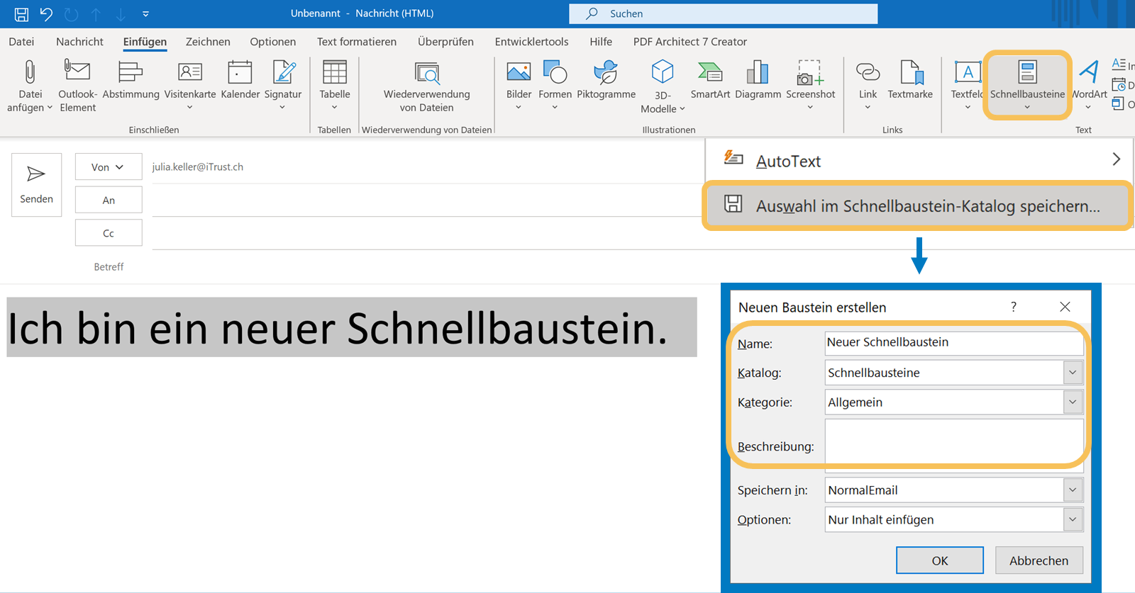 Outlook-Tipps - Screenshot von Einstellungen für Erstellung eines Schnellbausteins