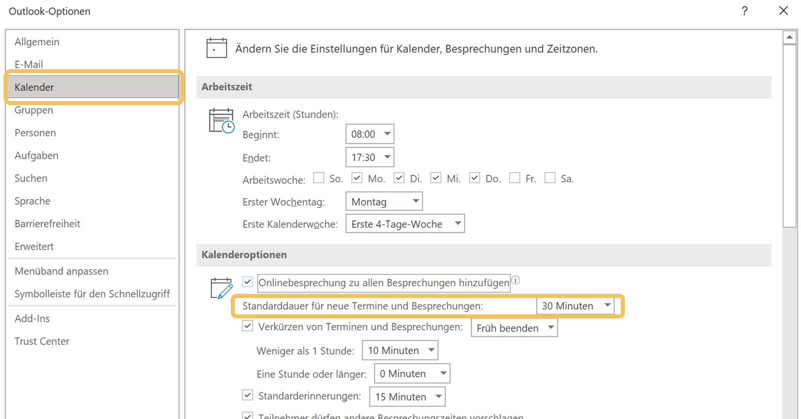 Outlook-Tipps - Screenshot von Einstellungen für Standarddauer für Meetings